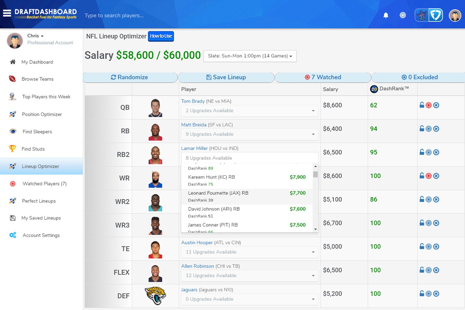 NFL FanDuel Lineup Optimizer, Daily Fantasy Sports (DFS)